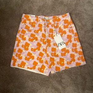 Zara Floral Print Denim Shorts